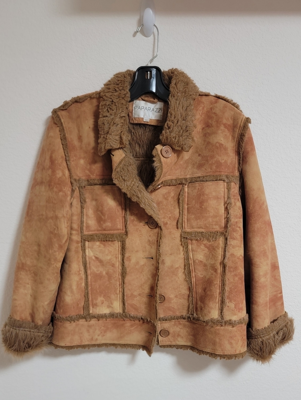 Paparazzi Tan/Brown Faux Shearling Trim Suede Jacket